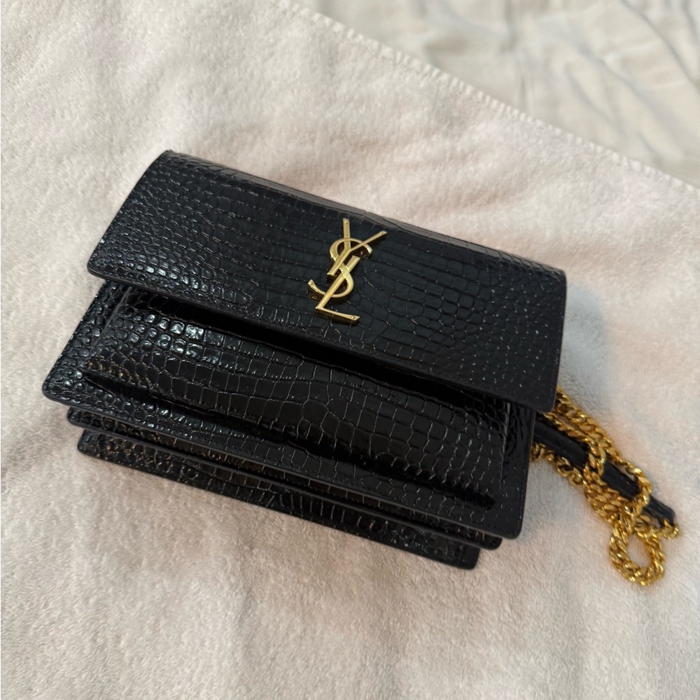 Saint Laurent Black Croc-Embossed Chain Wallet Bag with Gold Hardware - Picture 2 of 10